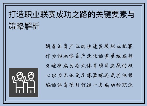 打造职业联赛成功之路的关键要素与策略解析