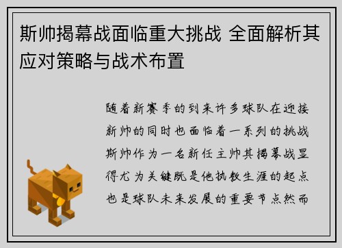 斯帅揭幕战面临重大挑战 全面解析其应对策略与战术布置