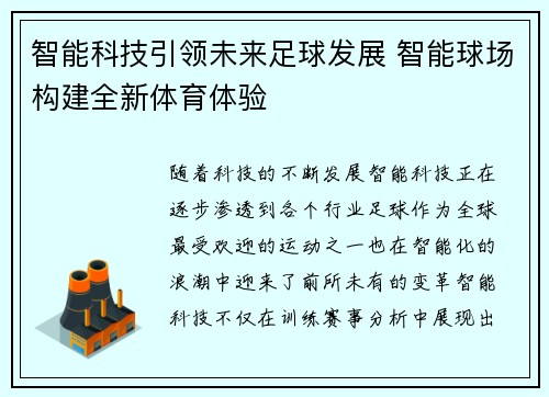 智能科技引领未来足球发展 智能球场构建全新体育体验