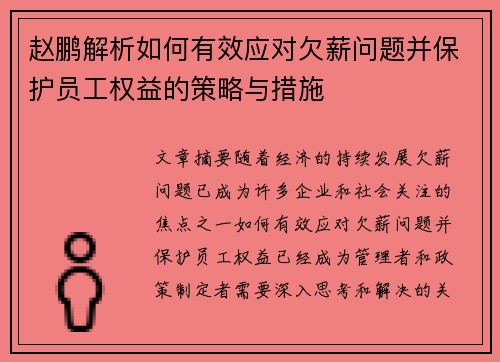 赵鹏解析如何有效应对欠薪问题并保护员工权益的策略与措施